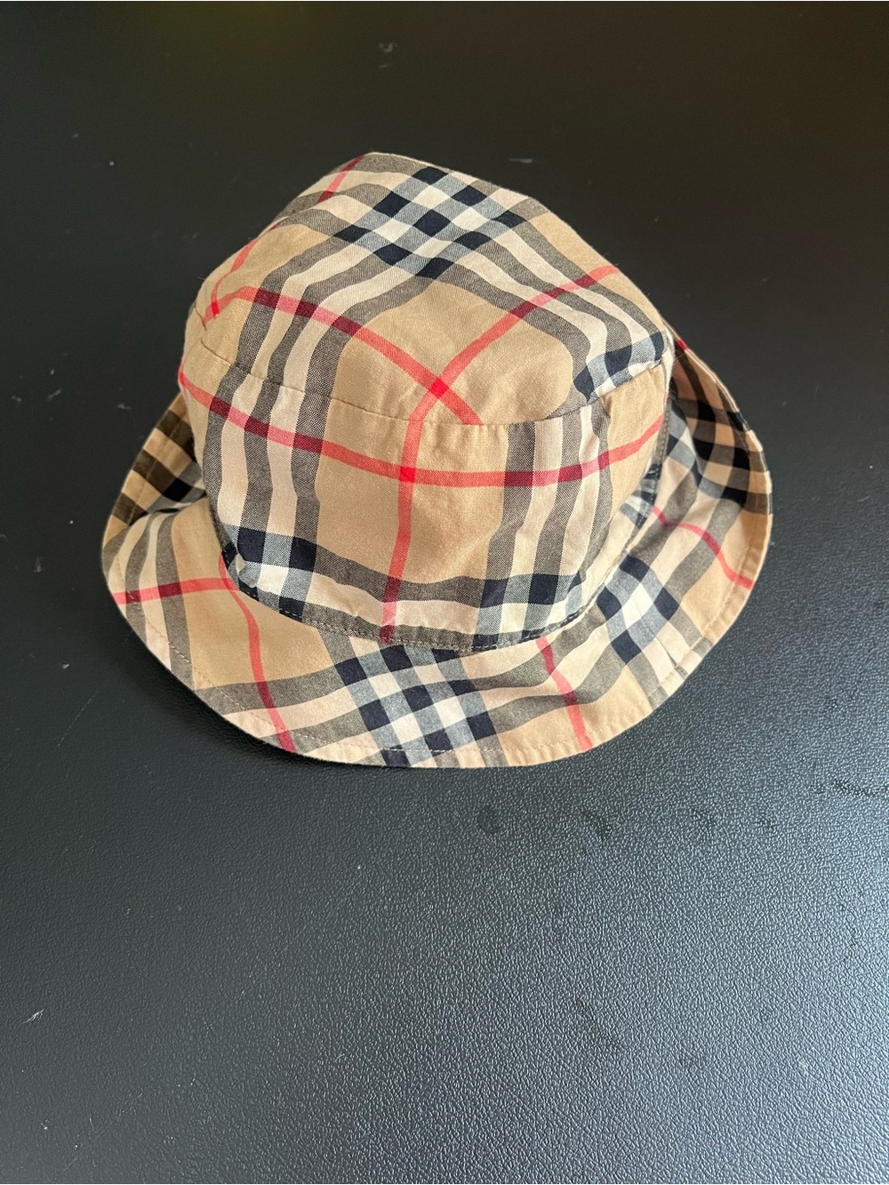 Burberry Beige Plaid Kids Bucket Hat with Red and Black Accents Size 6-9 M